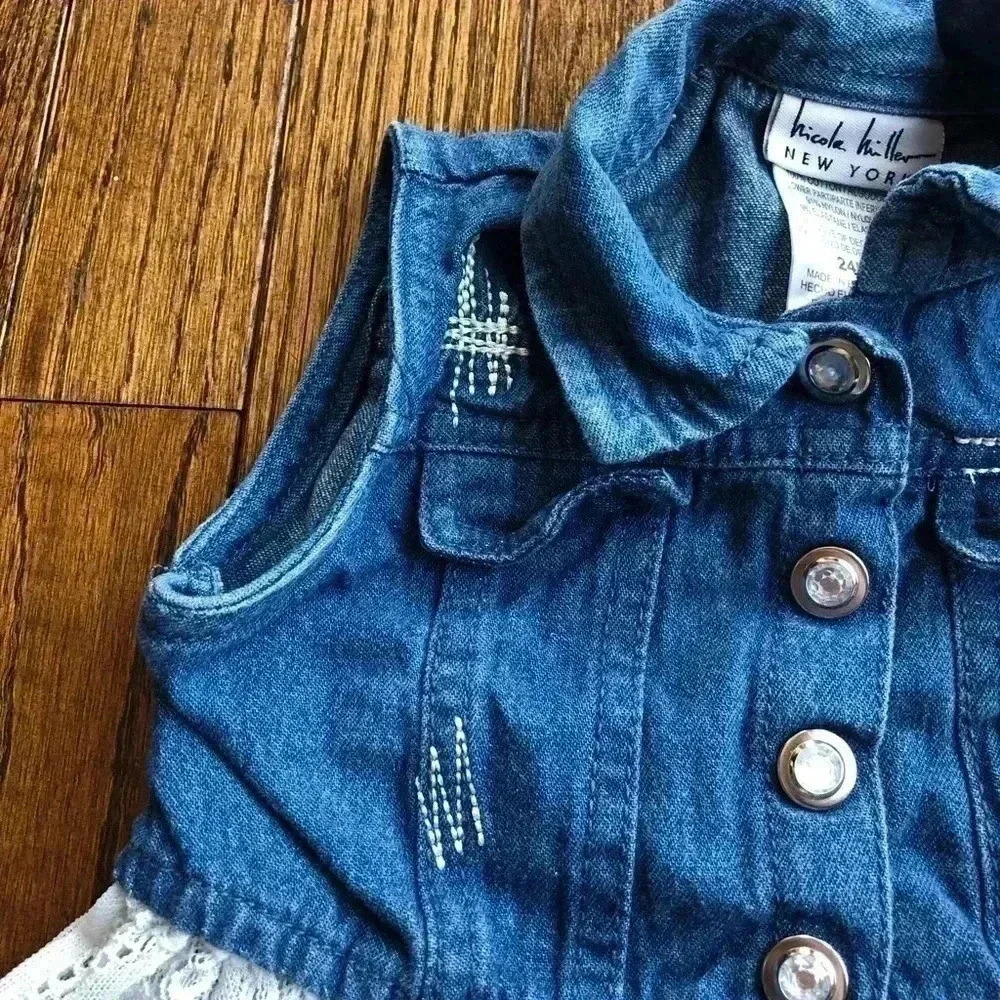 Nicole Miller Girls 24M Embellished Jean Vest w/Lace Bottom - Picture 3 of 8